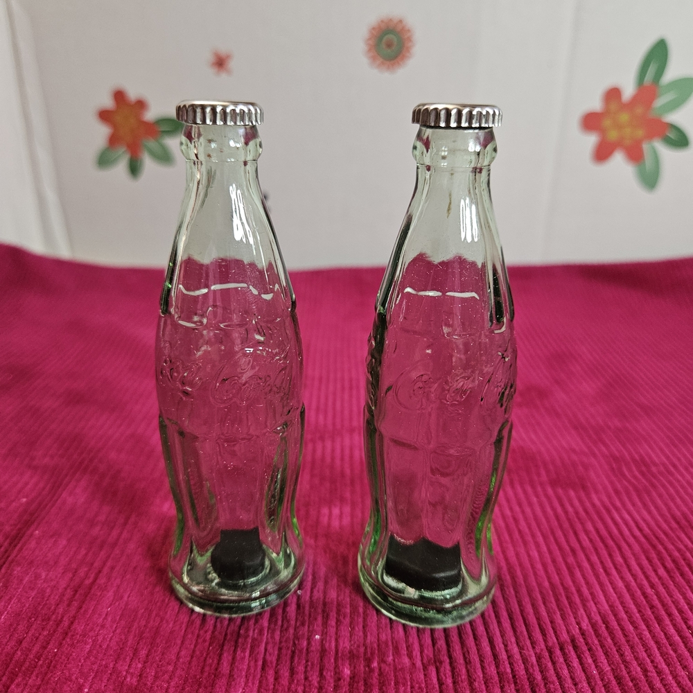 Vintage Green Glass Coca-Cola Coke Mini Bottle Salt and Pepper Shakers Clear